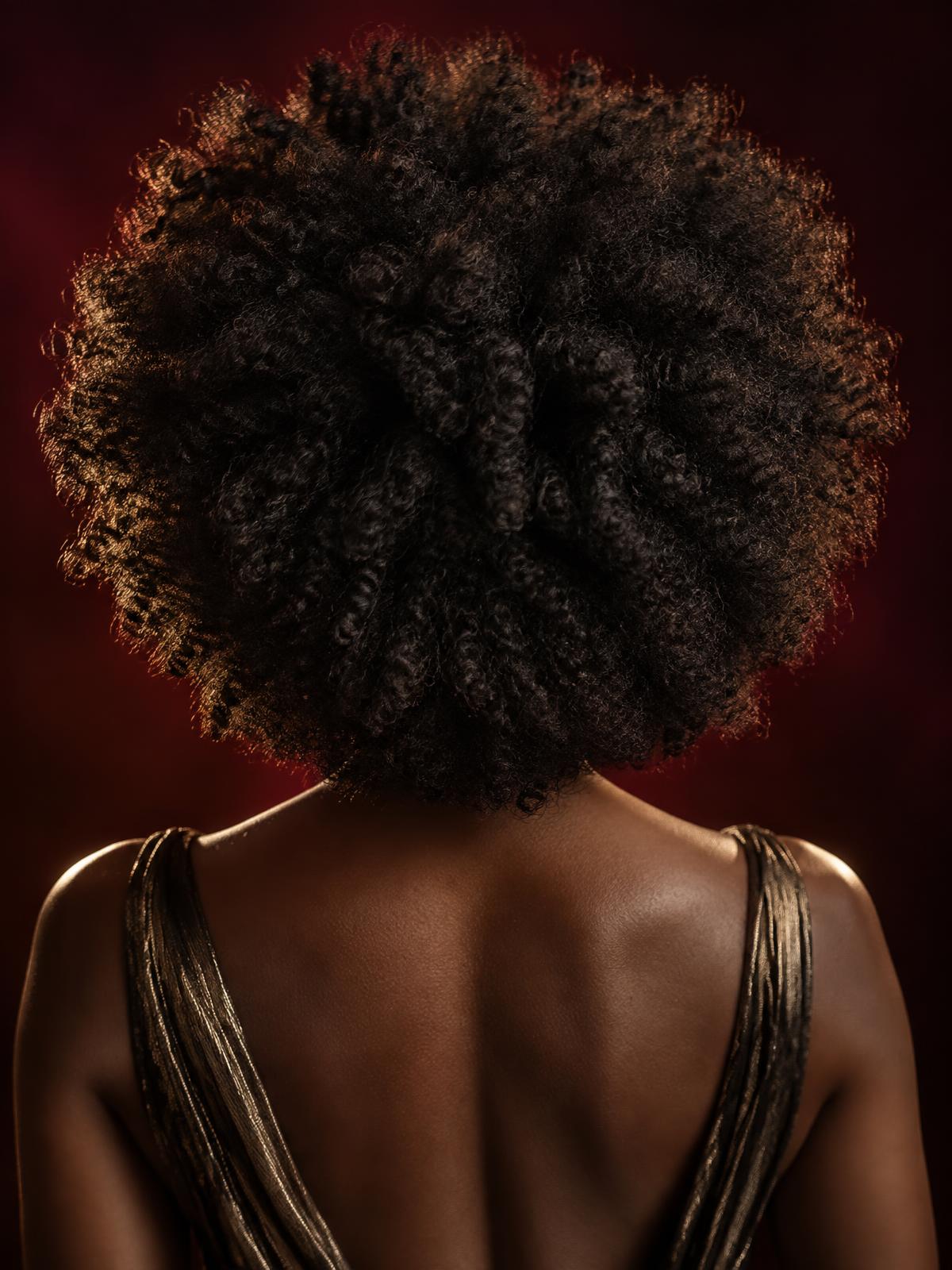 Faceless editorial portrait highlighting afro hair texture