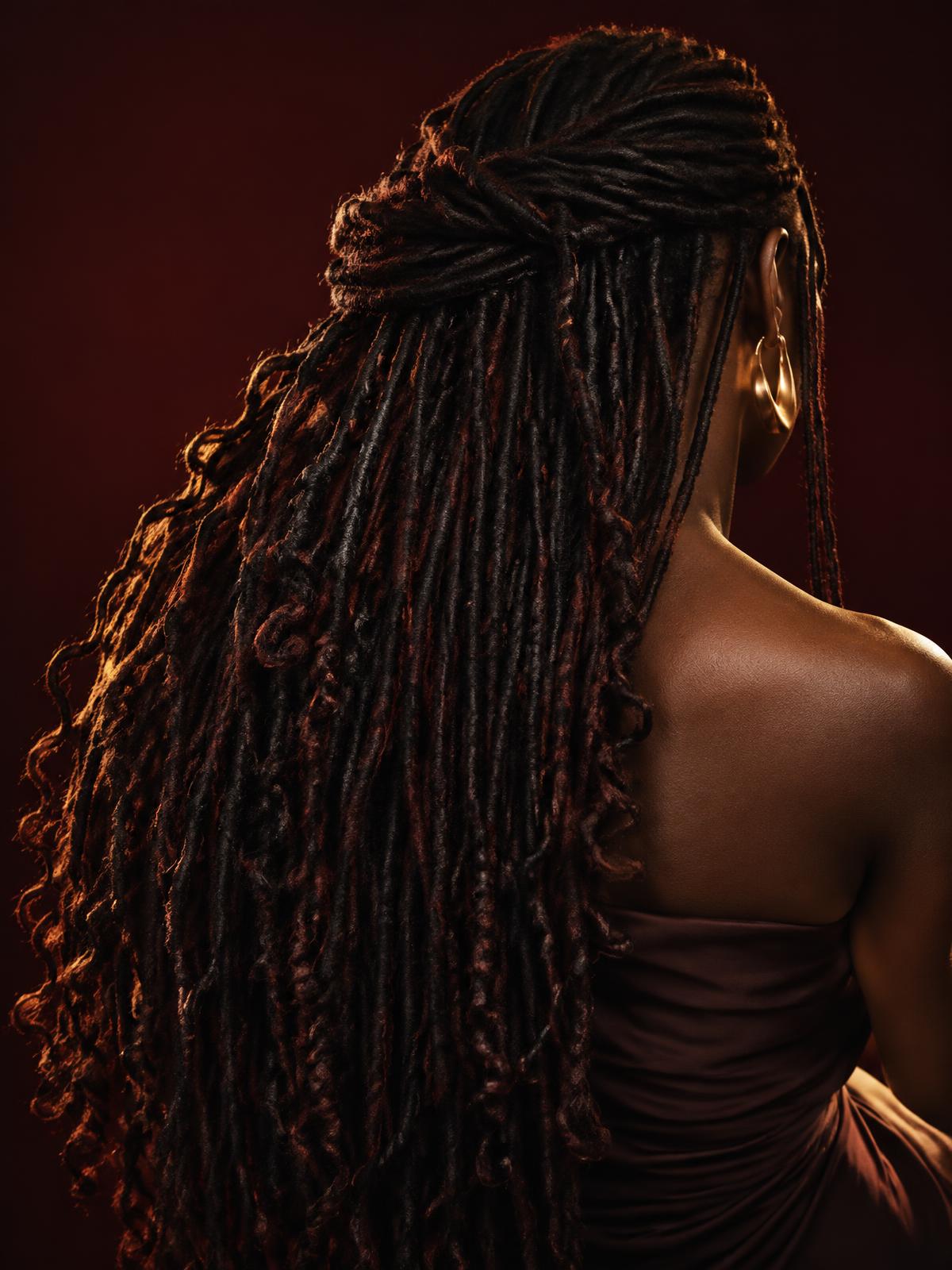 Faceless editorial portrait highlighting locs hair texture