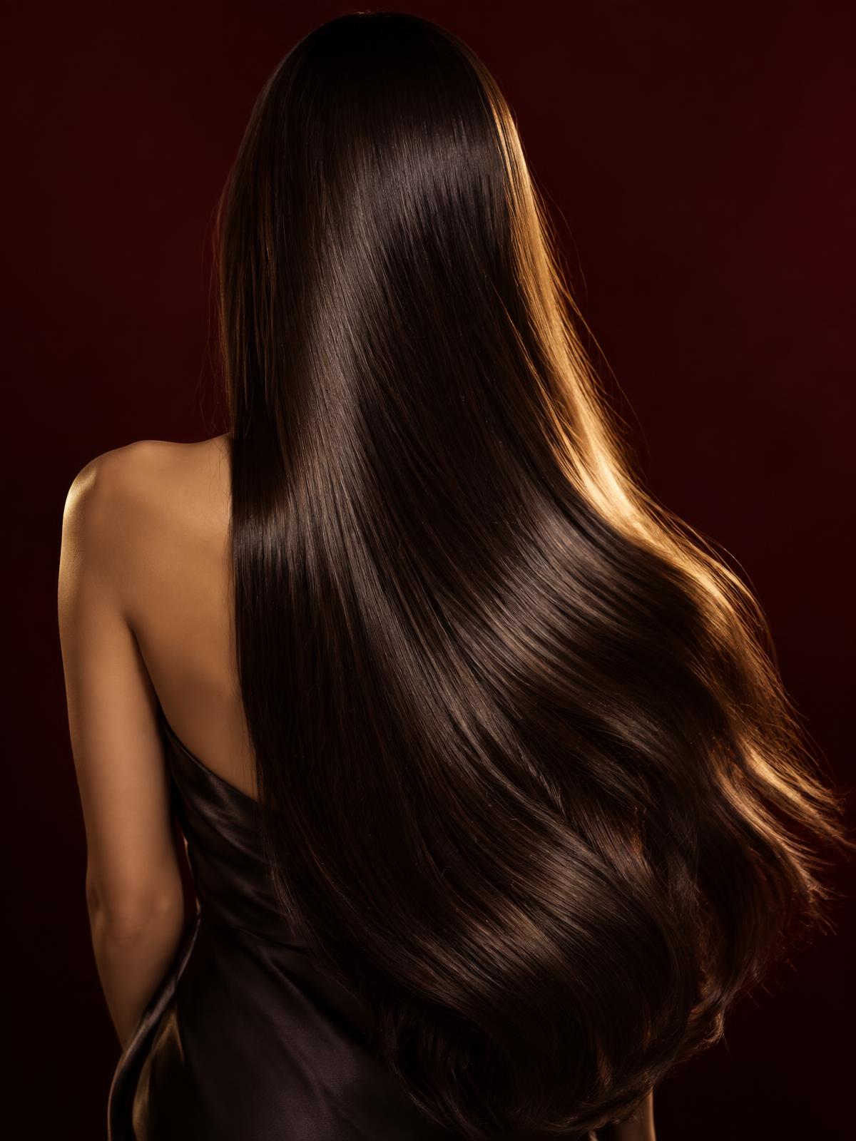 Faceless editorial portrait highlighting straight hair texture